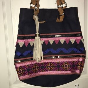 Navy/pink patterned Fossil tote bag
